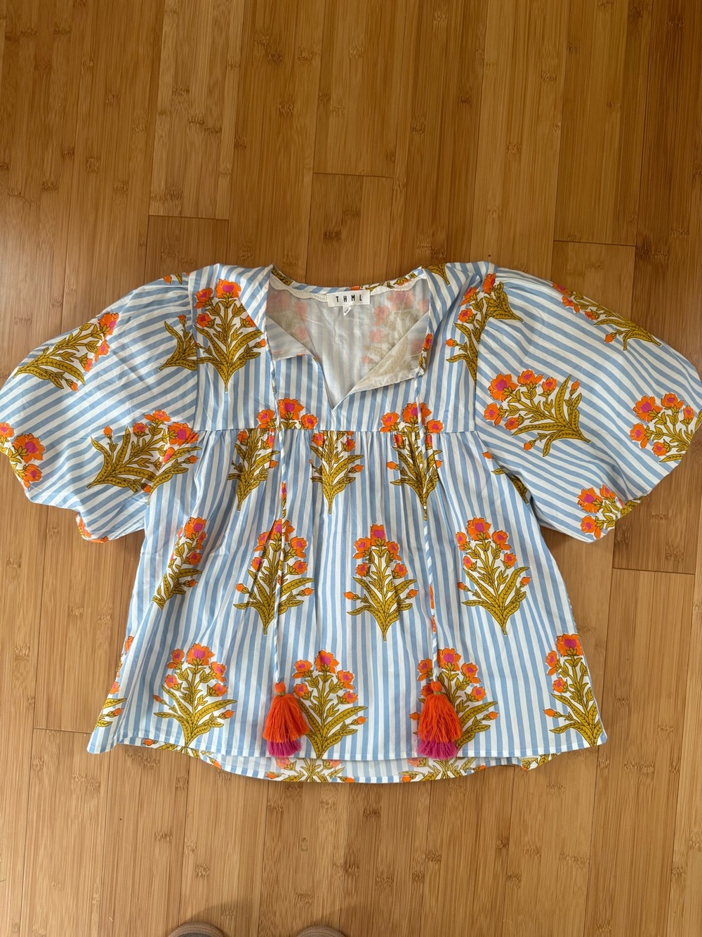 THML Blue and White Striped Floral Peasant Blouse with Orange Tassels